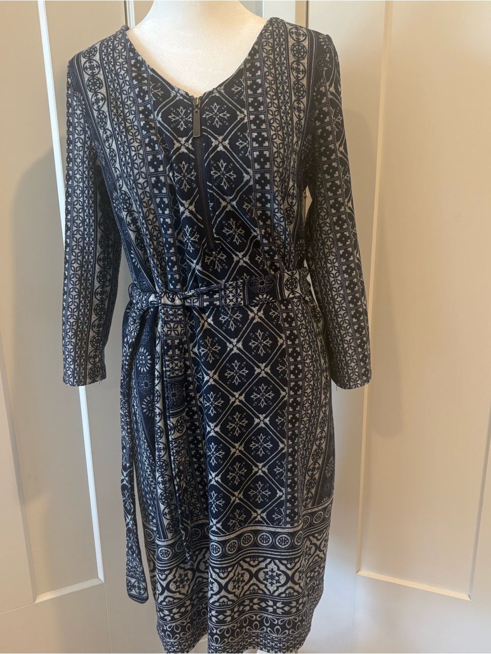 Tacera Navy and White Knee Length Boho Patterned Belted w Sleeves Midi Dress